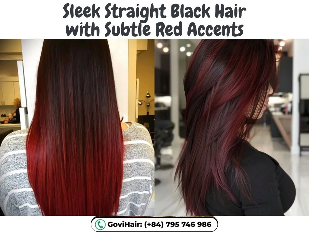 22 Best Red Highlights on Black Hair That Are Trending in 2026 10 Sleek Straight Black Hair with Subtle Red Accents