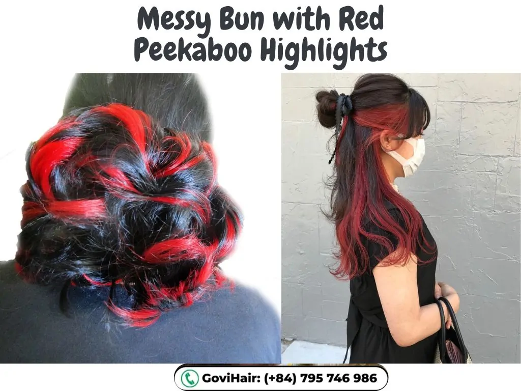 22 Best Red Highlights on Black Hair That Are Trending in 2026 13 Messy Bun with Red Peekaboo Highlights