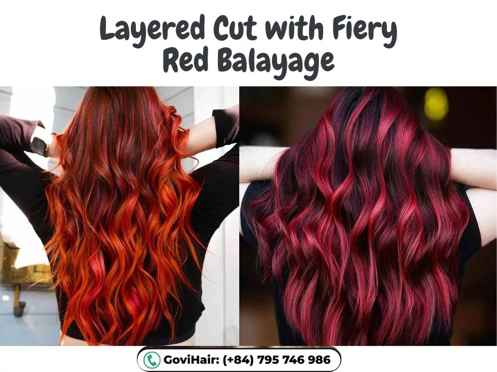 22 Best Red Highlights on Black Hair That Are Trending in 2026 14 Layered Cut with Fiery Red Balayage