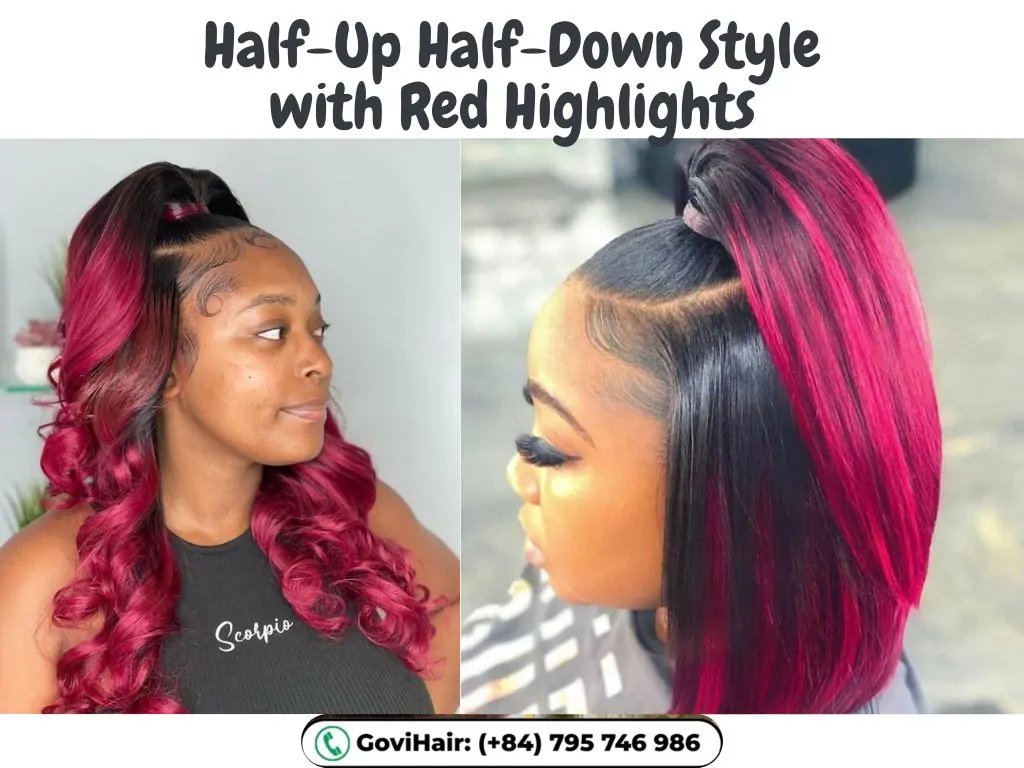 22 Best Red Highlights on Black Hair That Are Trending in 2026 18 Half-Up Half-Down Style with Red Highlights