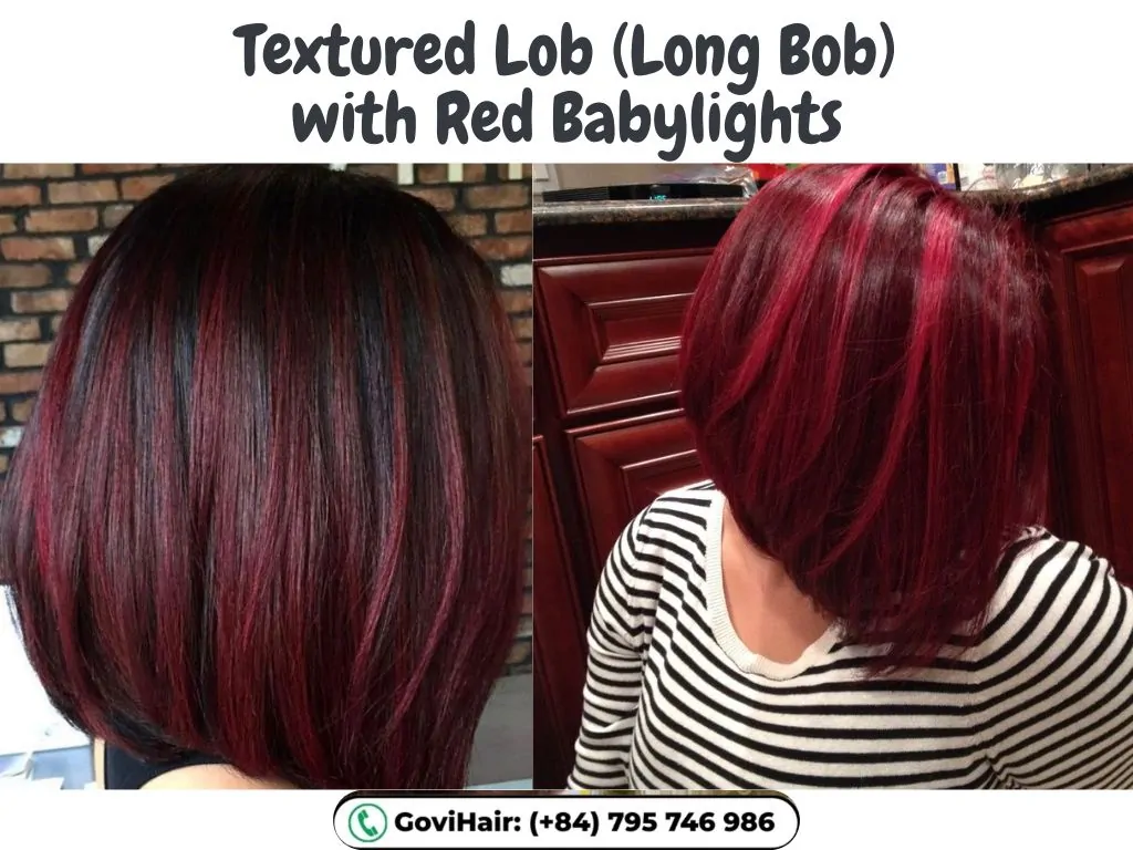 22 Best Red Highlights on Black Hair That Are Trending in 2026 19 Textured Lob (Long Bob) with Red Babylights