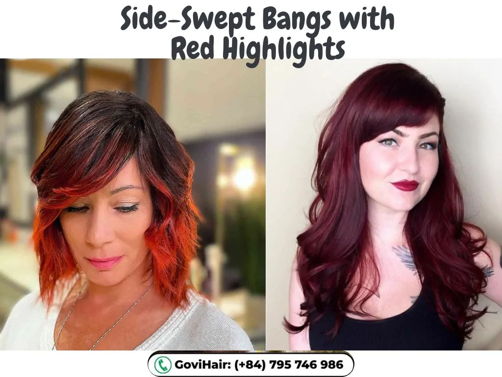 22 Best Red Highlights on Black Hair That Are Trending in 2026 21 Side-Swept Bangs with Red Highlights