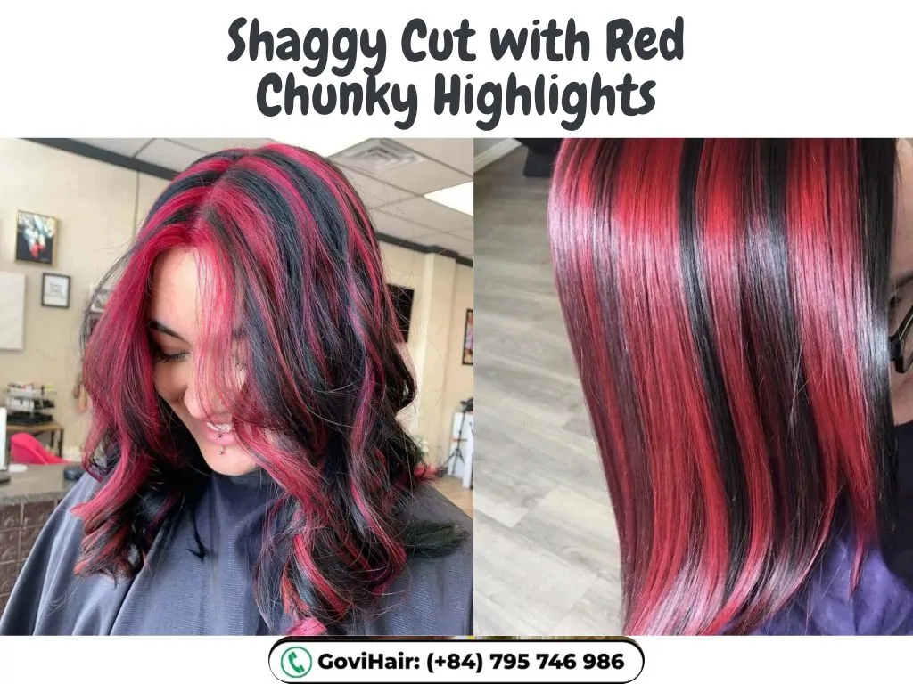 22 Best Red Highlights on Black Hair That Are Trending in 2026 23 Shaggy Cut with Red Chunky Highlights