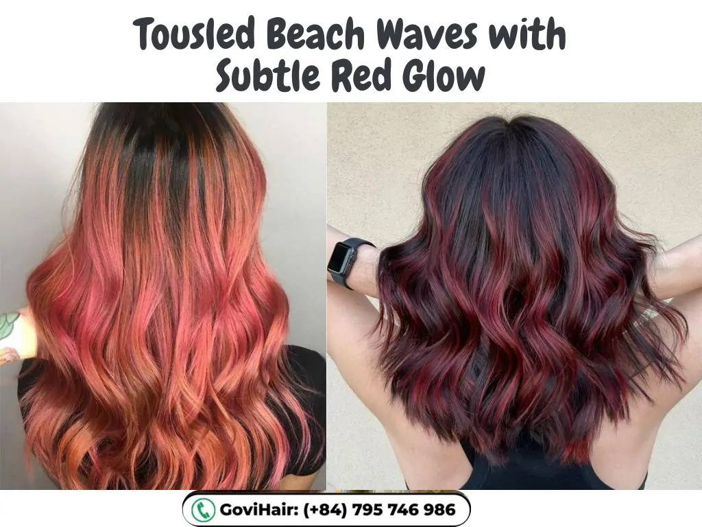22 Best Red Highlights on Black Hair That Are Trending in 2026 25 Tousled Beach Waves with Subtle Red Glow