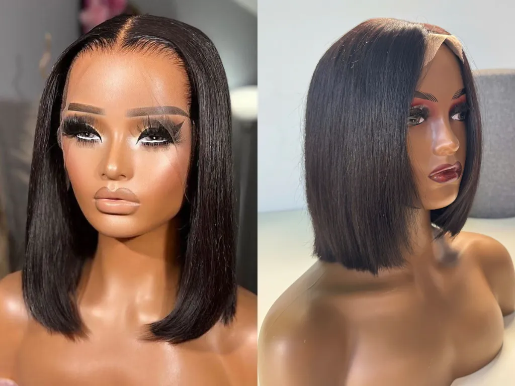 16 Inches Straight Silky Lace Closure Black Bob Wig