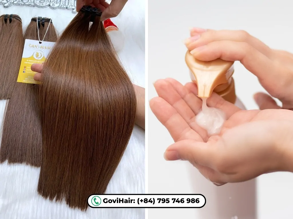 Weave hair extensions and shampoo being pumped from a bottle