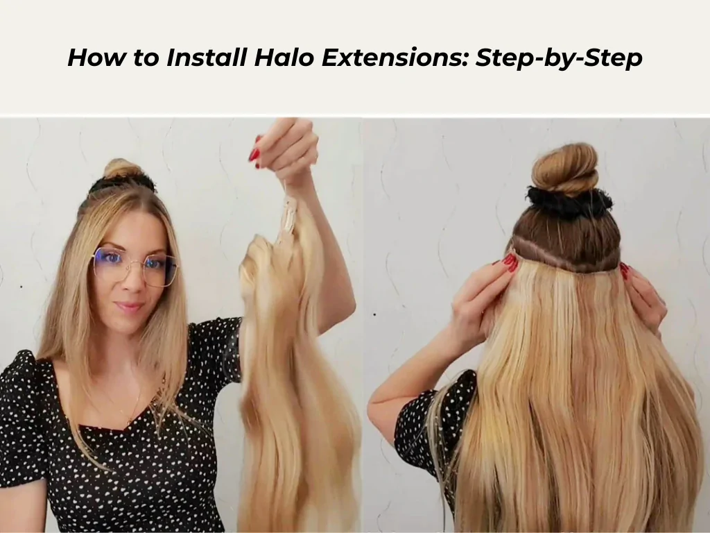A woman showing the extension piece and placing it around the head step-by-step