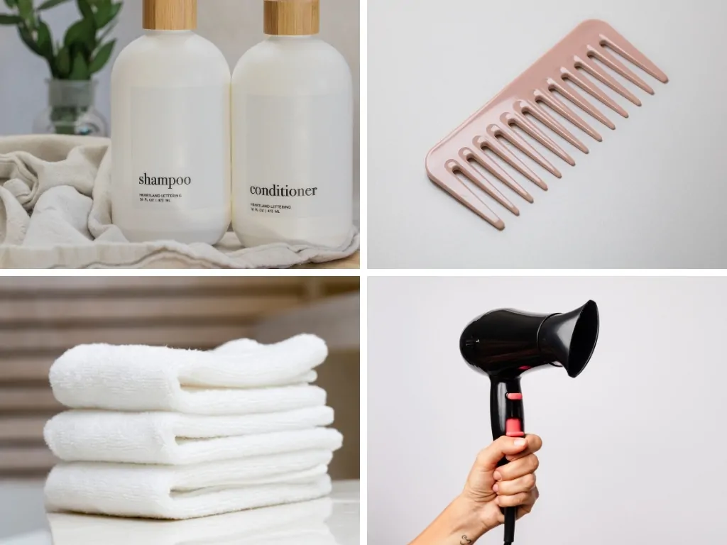 Conditioner, comb, towel, and hair dryer