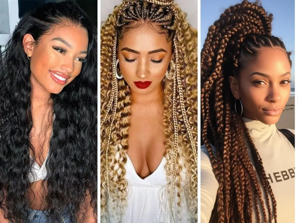 Three women wearing different types of hair extensions