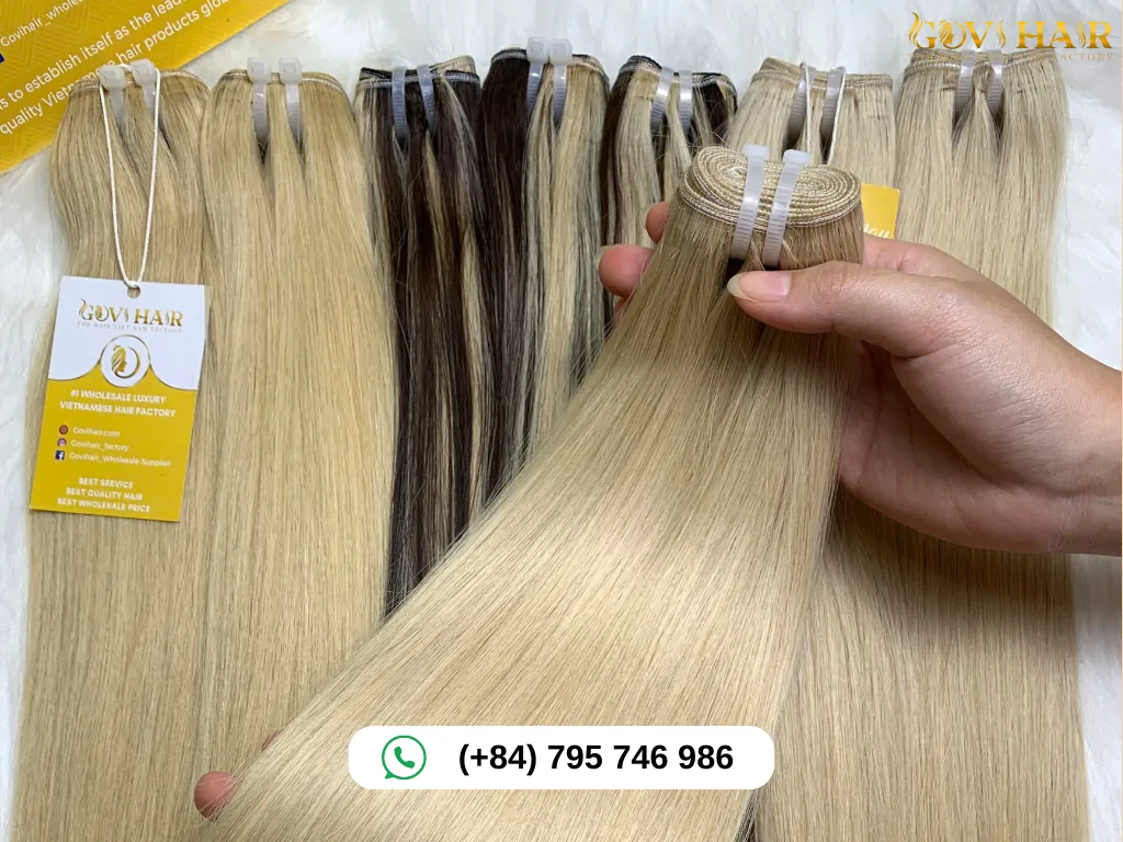 Sew-in hair extensions, with various shades displayed
