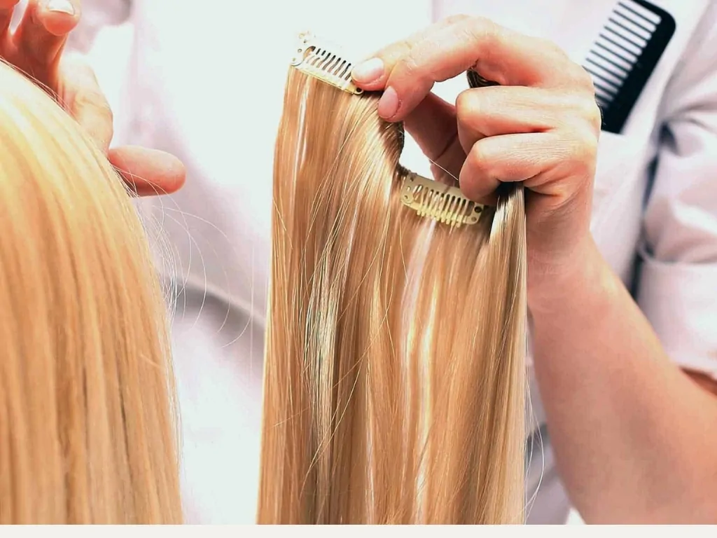 Hands holding blonde clip in hair extensions, showing how clip in hair extensions work