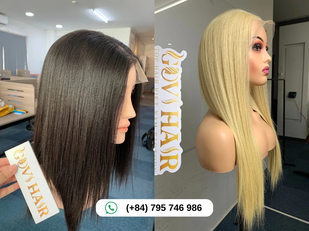 Sleek, straight human hair wig displayed with natural-looking texture