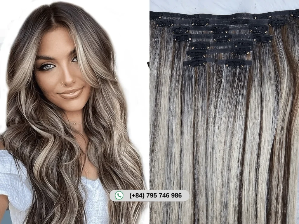 Clip-in hair extensions in blonde and caramel highlights