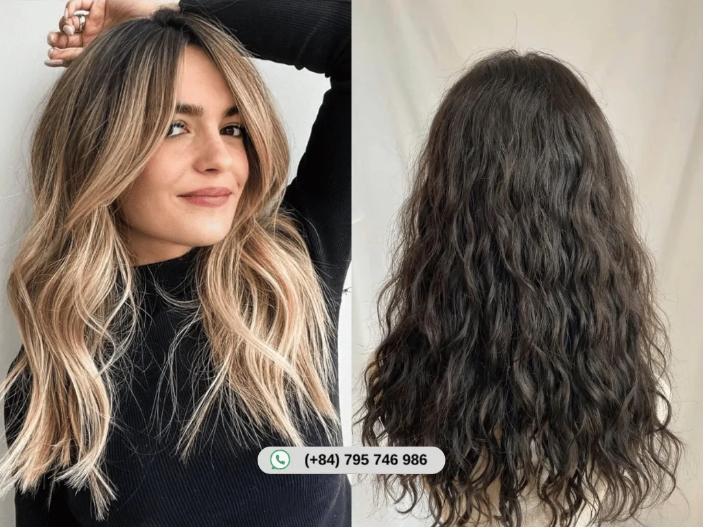 Grown-out bangs styled effortlessly with wavy hair