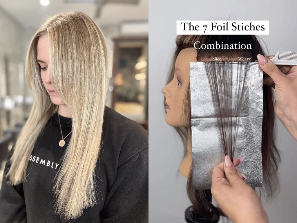 Professional applying foil highlights to hair extensions