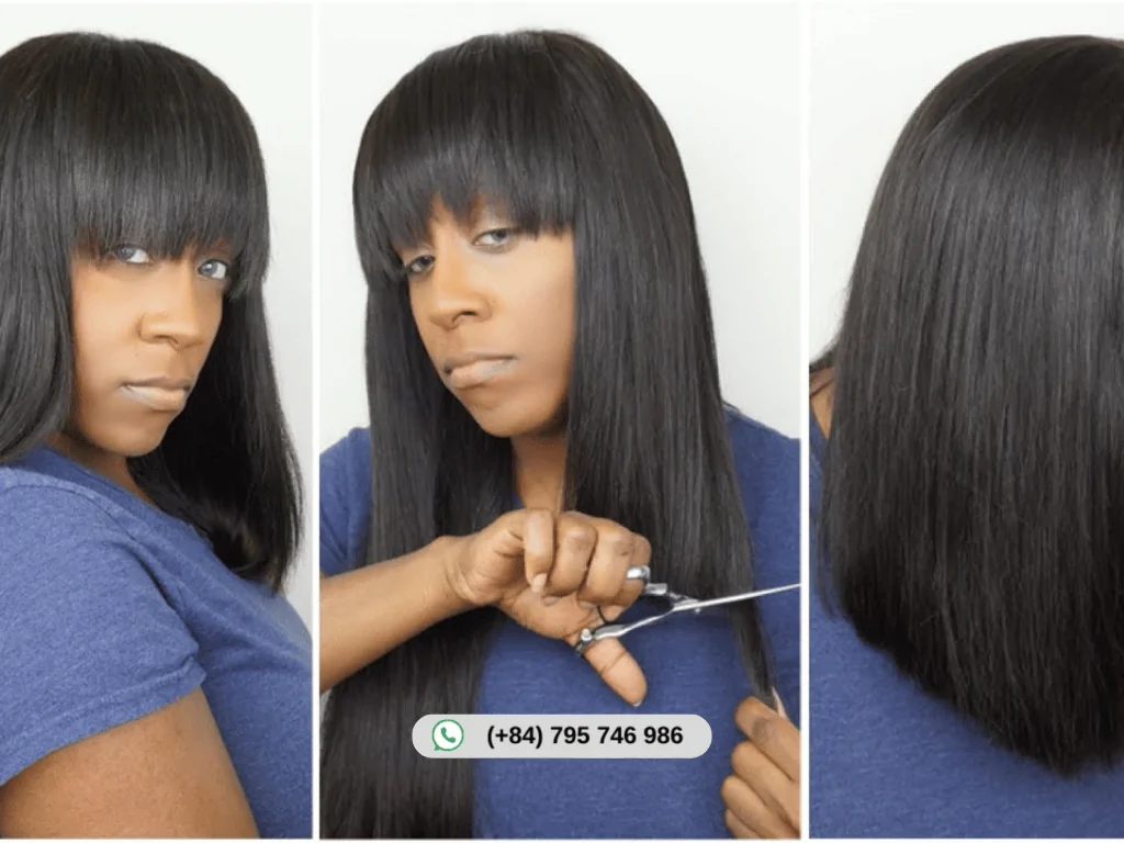 Sleek blunt bangs making a bold fashion statement