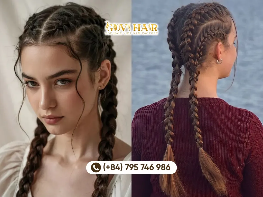Boxer braid straight ponytail means two tight Dutch braids from the temples