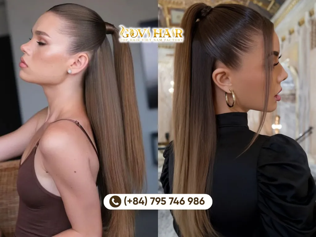 A half-up straight ponytail gives the illusion of layers