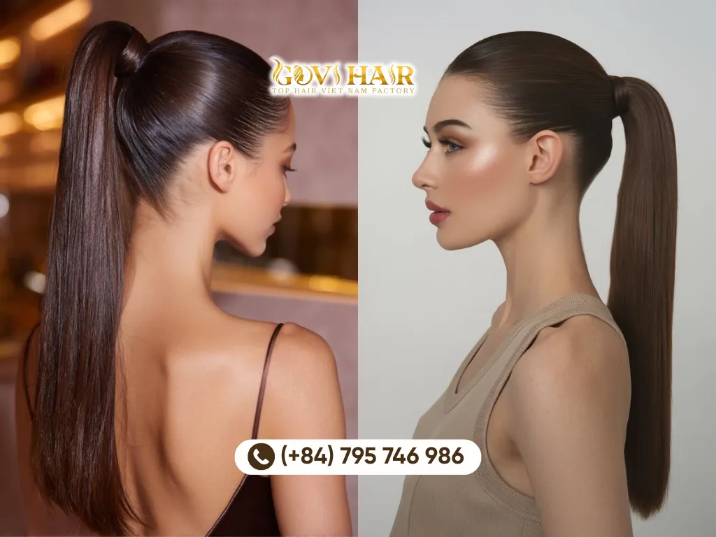The wrapped high straight ponytail elevates the basic style