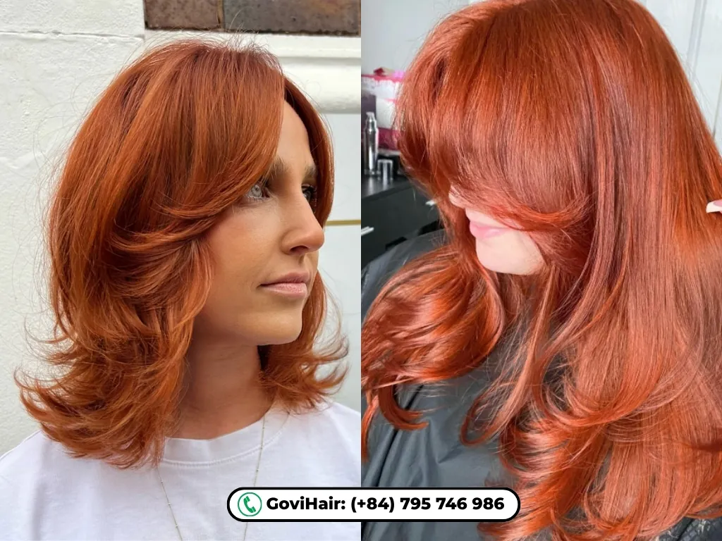 Trendy face-framing bangs with vibrant copper energy.