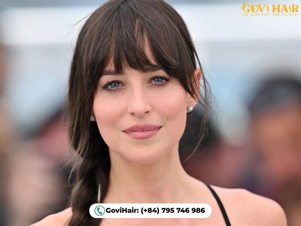 Dakota Johnson bangs enhance facial features