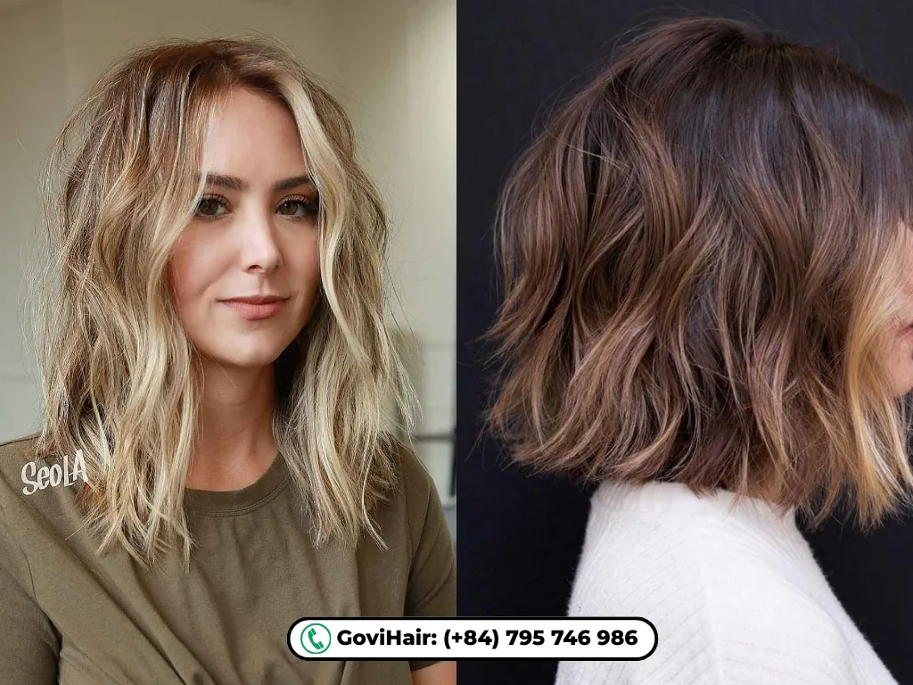 Use curtain bangs and face-framing layers to visually narrow the forehead.