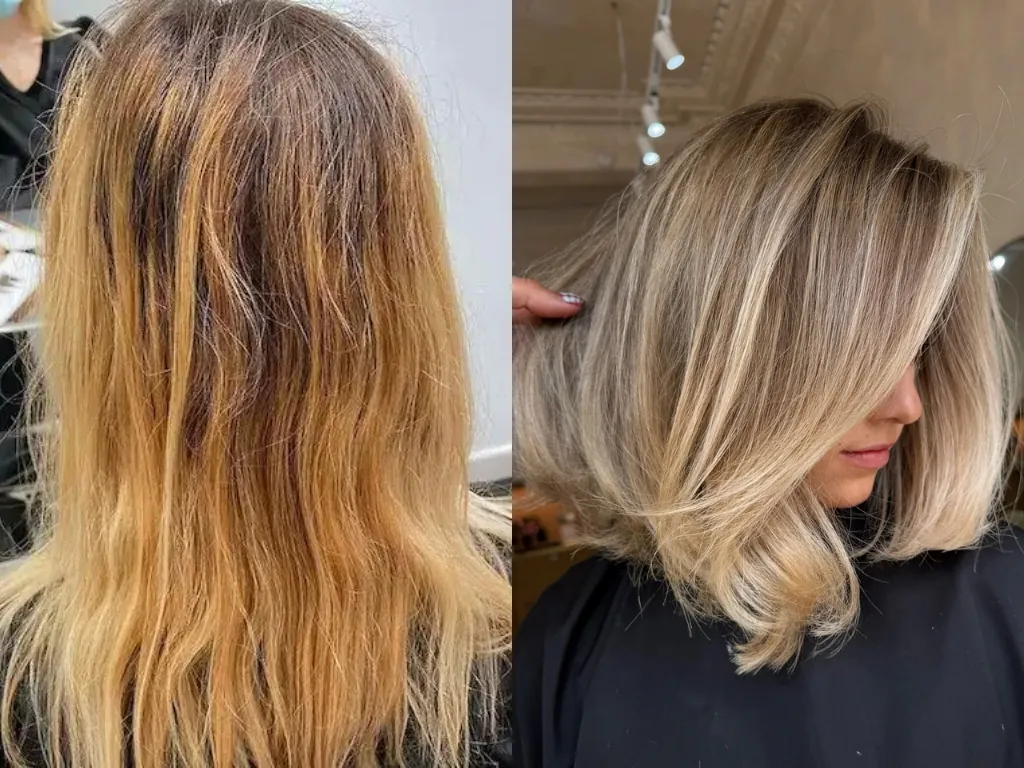 Light ash blonde tones yellow-orange hair effectively