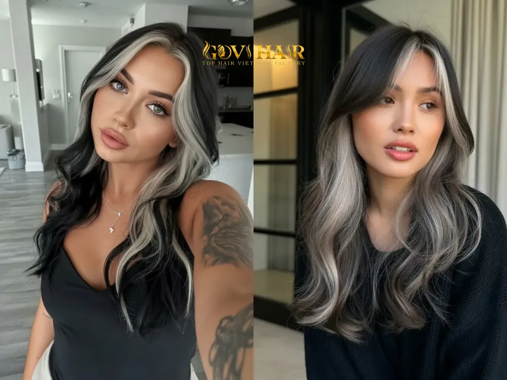 On wavy black hair, platinum highlights enhance natural movement