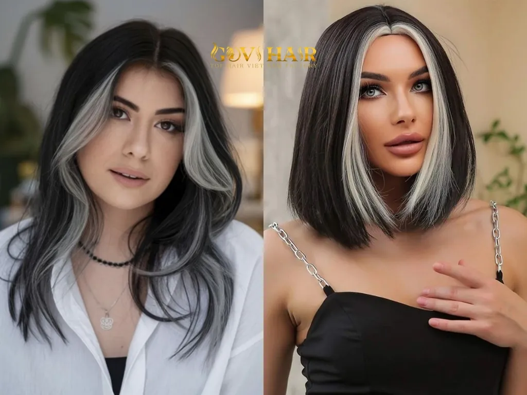 Platinum face-framing highlights are designed to brighten the strands closest to the face