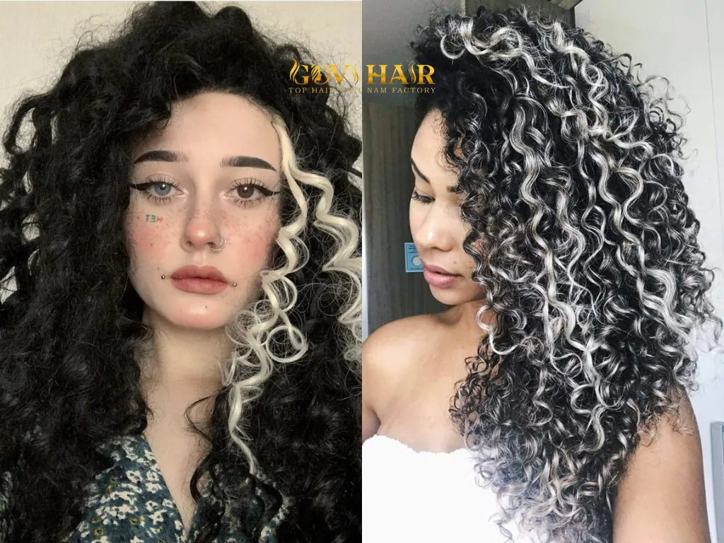 Platinum highlights on black curly hair