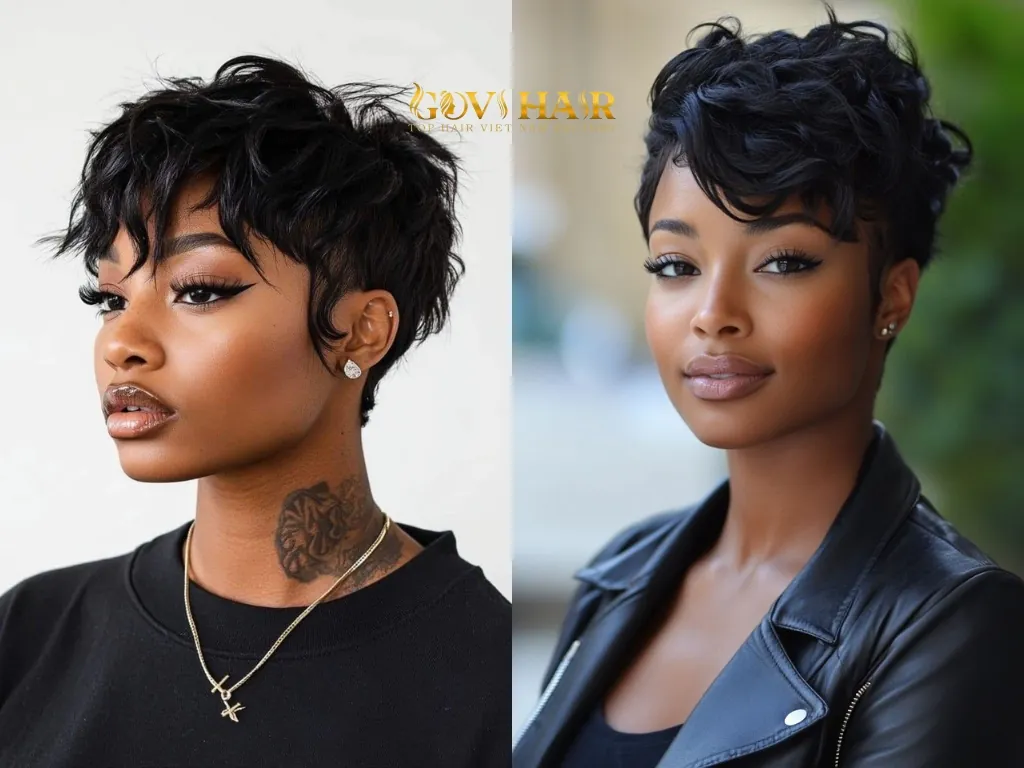 The choppy pixie weave uses textured layers to create a playful look