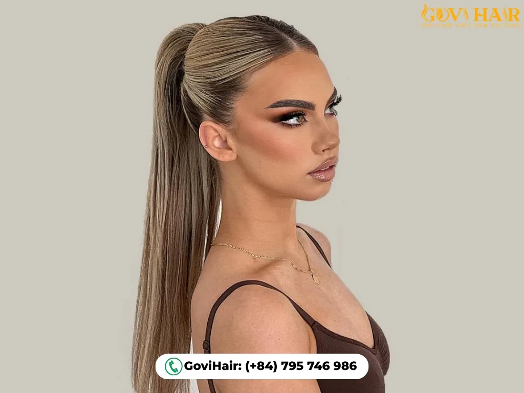 Sleek 90s long ponytail sharp middle part