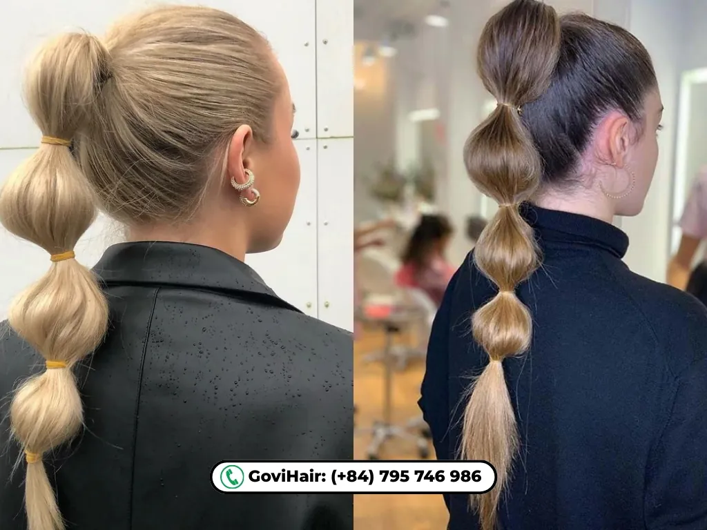 Playful volume created with trendy elastic bands.