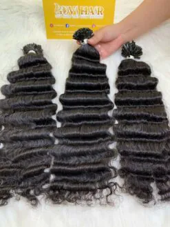 20 Inch Deep Wave Natural Black Color V Tip Hair Extensions Pre Bonded
