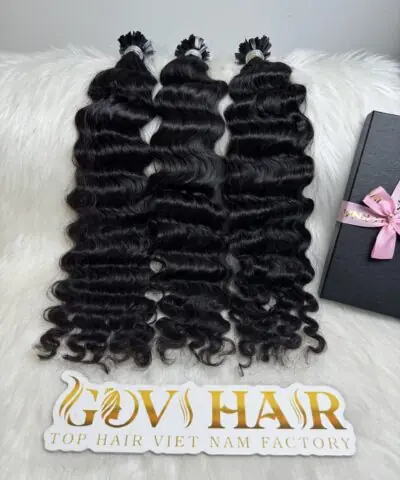 24 Inch Deep Wave Natural Black Color Flat Tip Hair Extensions Pre Bonded