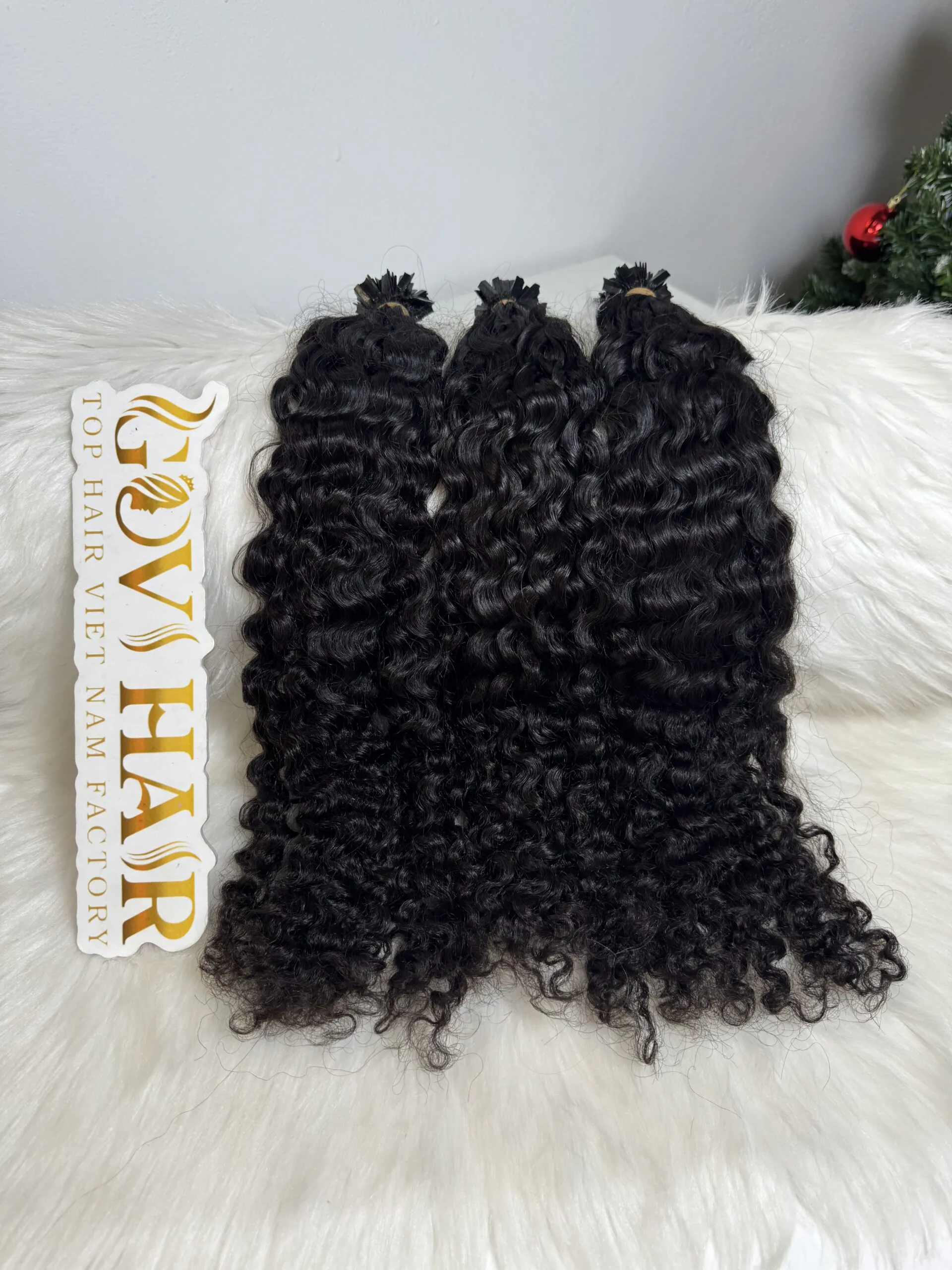26 Inch Burmese Curly Natural Black Color V Tip Hair Extensions