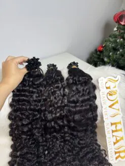 26 Inch Burmese Curly Natural Black Color V Tip Hair Extensions