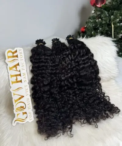 26 Inch Burmese Curly Natural Black Color V Tip Hair Extensions