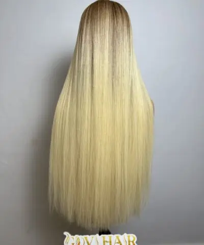 Human Hair Closure Wig 7x7 HD Lace 28 Inch 180% Density Ombre Blonde