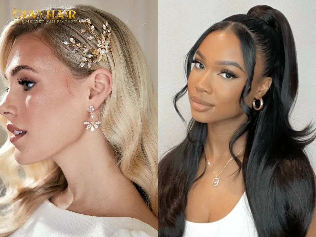40 inch hair styled with decorative hair accessories and half-up half-down hairstyle 