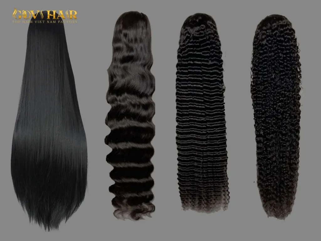 Different textures of 40 inch hair including straight, wavy, and curly