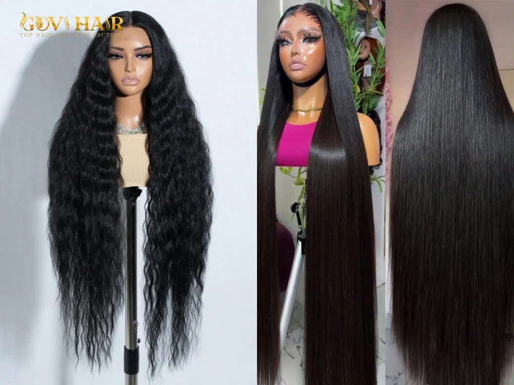 42 inch hair wigs showing wavy texture and straight ultra-long hair length on mannequin
