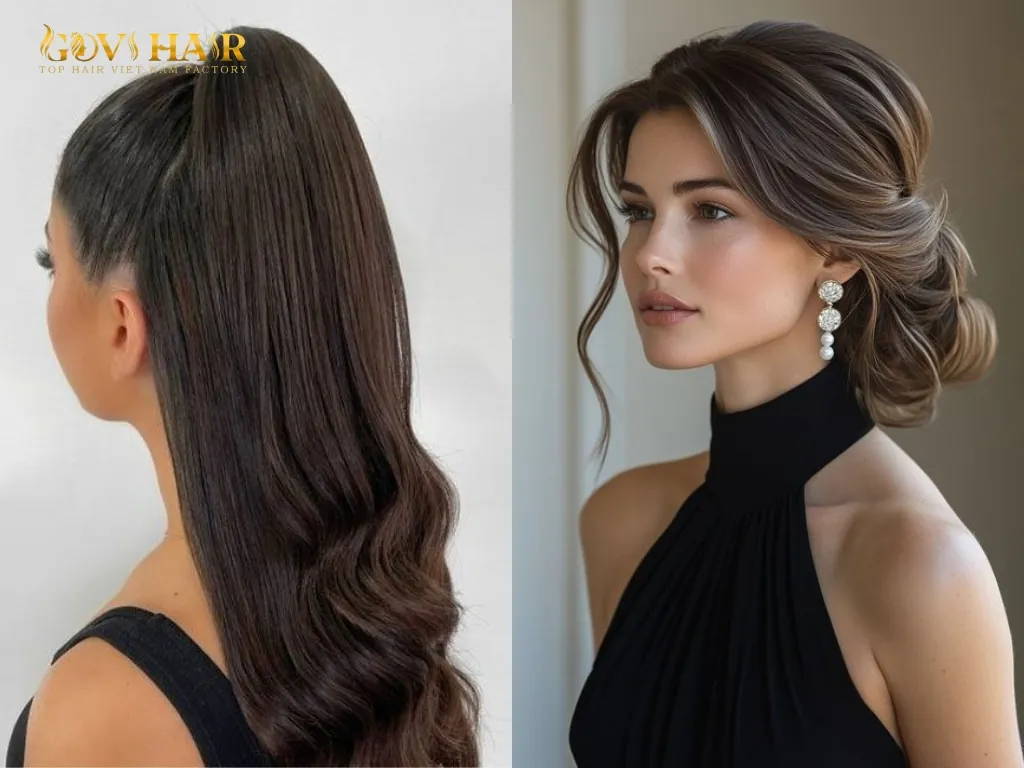 48 inch hair styled in half-up, half-down style  and elegant updo for formal occasions