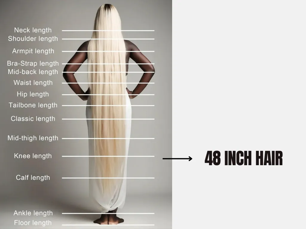 48 inch hair compared on real person showing extreme long length below hips