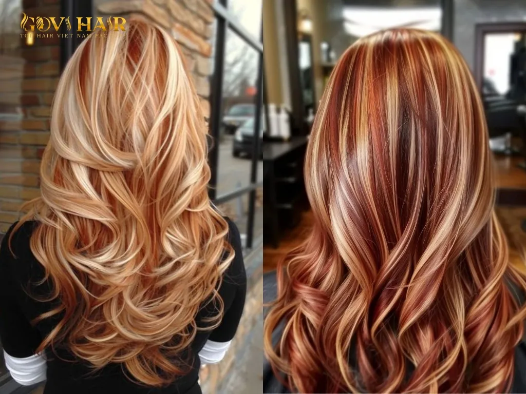 Auburn hair with blonde highlights creating a soft, refined, and natural appearance