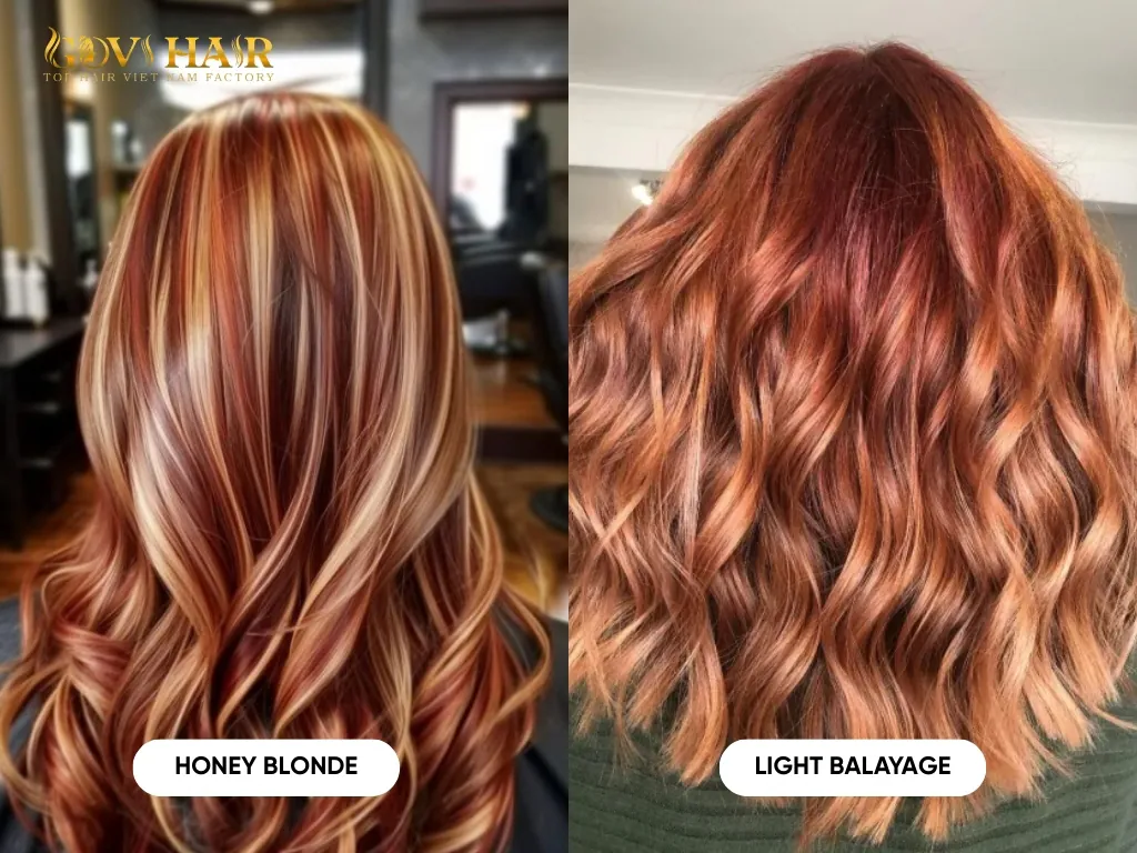 Auburn hair with blonde highlights using honey tones and light balayage for a multi-dimensional finish