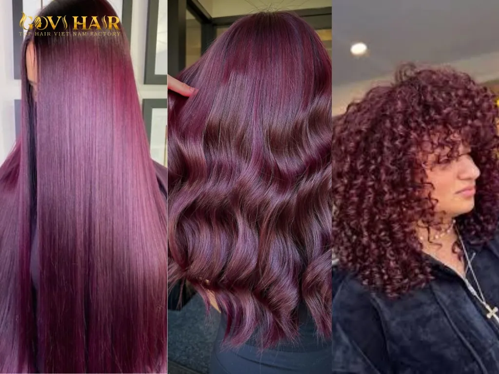 Cherry plum hair color shown on straight, wavy, and curly hair textures with rich red plum tones