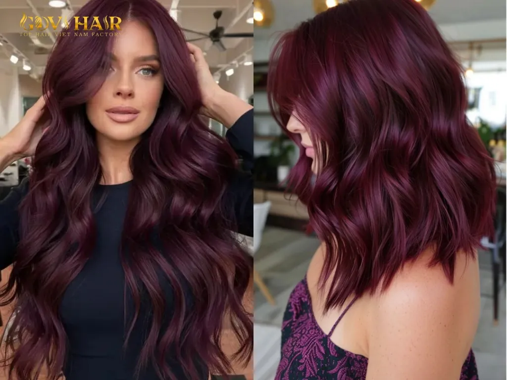 Cherry plum hair color trend with glossy finish and multidimensional tones