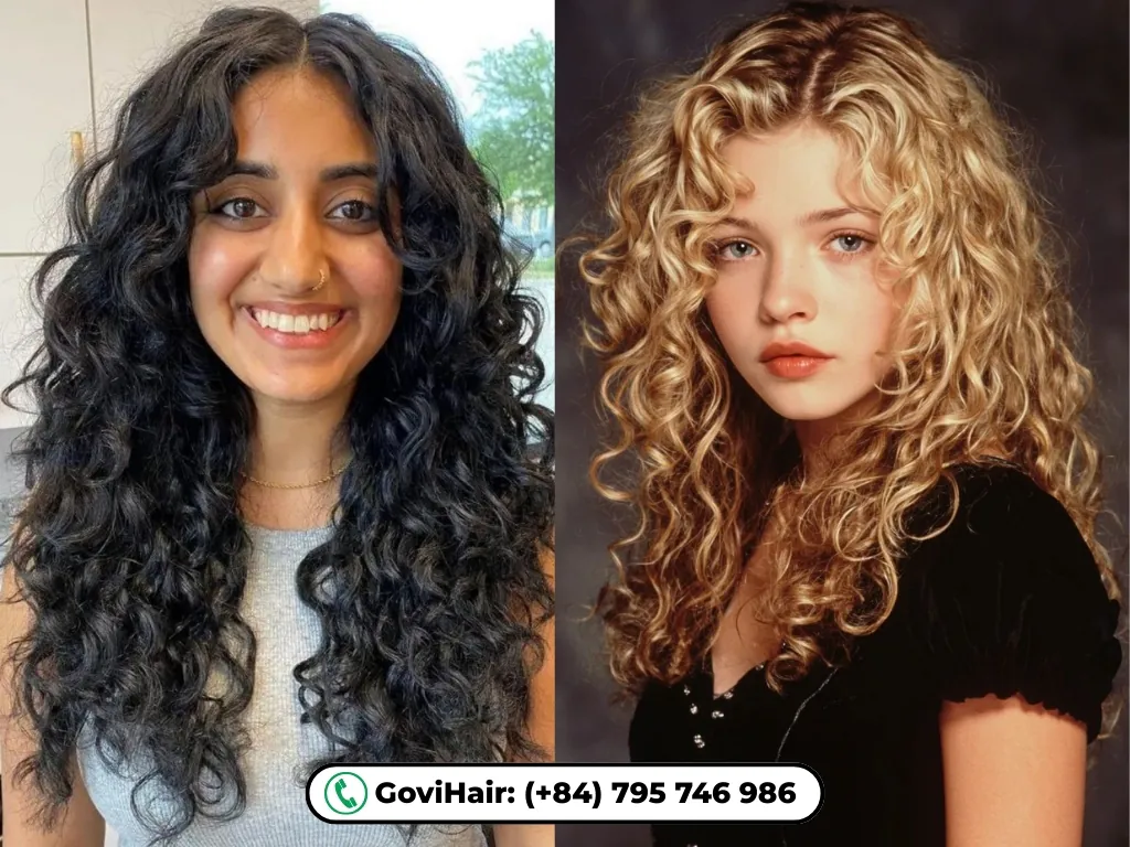 Curly hair with face-framing layers