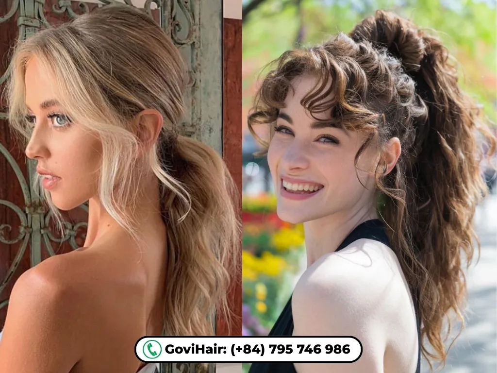 Curly ponytail with face framing pieces